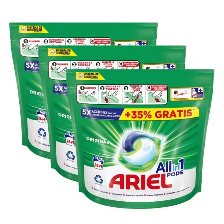 Detersivo liquido Ariel All-in-1 Pods – Confezione da 3 da 26+9 (Totale 105 capsule x 35 g = 1995 grammi) | Pulizia profonda, dosaggio facile, per lavatrice