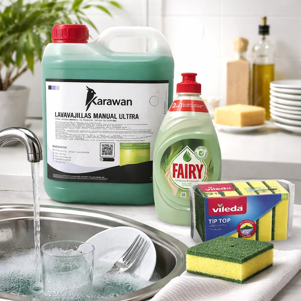 Kit Pulizia Lavastoviglie - Detergente Concentrato Ultra Karawan 5L + Fairy 340ml + Spugne Videla x5 Unità
