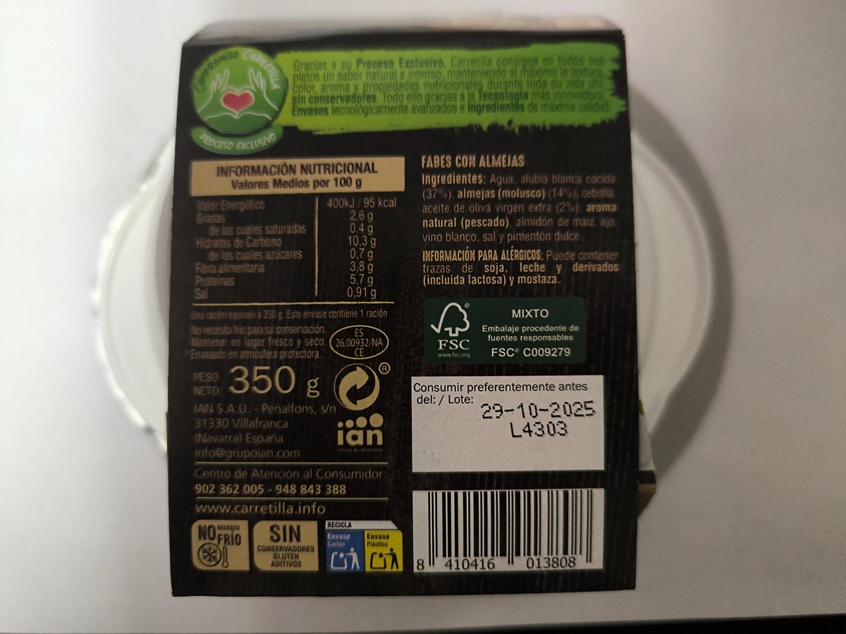 Cartella portapacchi Fabes con clams 7 unità da 350 piatti tradizionali gourmet pronti per ricette, senza glutine con 2% di olio extra vergine, ingredienti naturali al 100% e senza additivi conservanti.