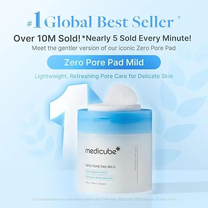 medicube Zero Pore Pad Mild 2.0 | Dischetti Esfolianti con PHA, Centella e Acido Ialuronico | Riduce Pori, Punti Neri e Sebo | Doppia Texture | Pelle Sensibile | Cosmetici Coreani | 70 pz