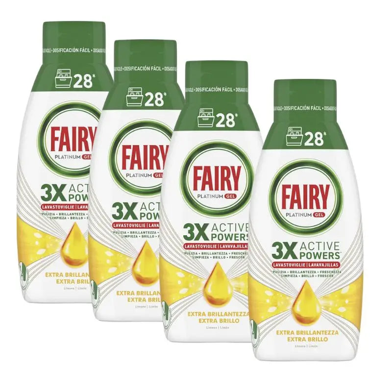 Fairy Platinum Gel - Detersivo per lavastoviglie automatico - Antiodore, Freschezza al Limone, Extra Brillante - CONFEZIONE RISPARMIO: 4x504ml - Totale 112 lavaggi.