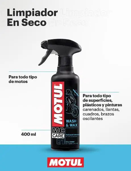 MOTUL MC CARE E1 LAVAGGIO E CERA.
Lavanderia a secco esterna
Pulisce e lucida plastica e vernici
Contenitore spray
Contenitore da 400 ml