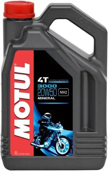 MOTUL 3000 20W-50 4T
Lubrificante per motori di motociclette
Motore 4T con Frizione e Cambio Integrati
Minerale.
Contenitore da 4 litri.