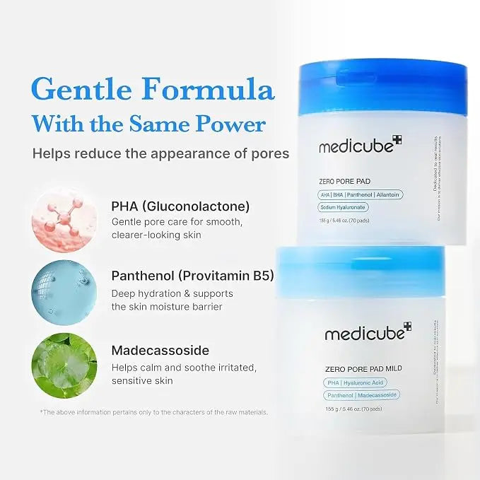 medicube Zero Pore Pad Mild 2.0 | Dischetti Esfolianti con PHA, Centella e Acido Ialuronico | Riduce Pori, Punti Neri e Sebo | Doppia Texture | Pelle Sensibile | Cosmetici Coreani | 70 pz