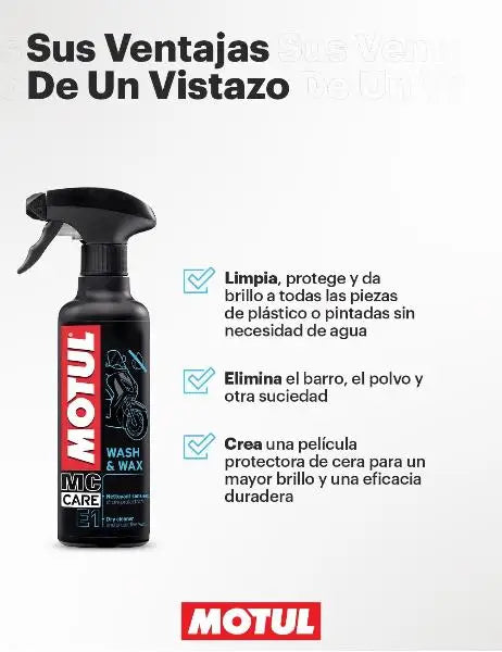 MOTUL MC CARE E1 LAVAGGIO E CERA.
Lavanderia a secco esterna
Pulisce e lucida plastica e vernici
Contenitore spray
Contenitore da 400 ml