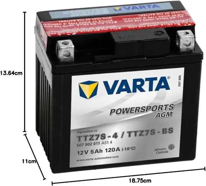 VARTA YTZ7S - TTZ7S 12V 5AH 120A Batteria per Moto +D Dimensioni: 113X70X105