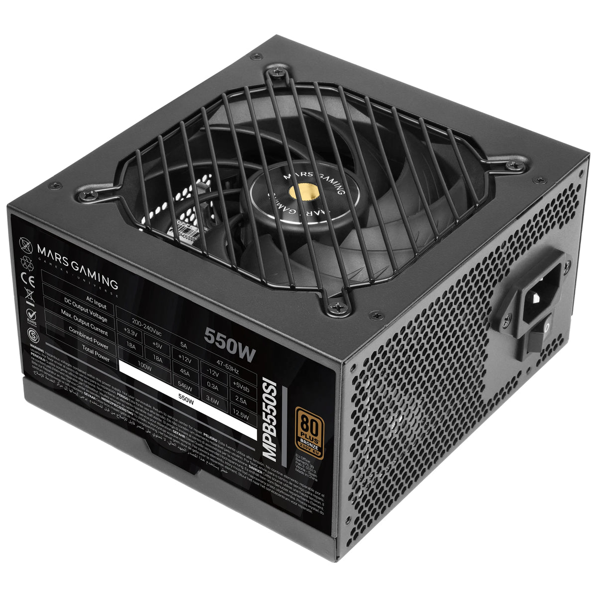 Mars Gaming MPBSI, alimentatore PC ATX, 7 anni di garanzia, bronzo 80Plus 230 V, efficienza del 90%, ventola SI Extreme Silence con nucleo in rame, tecnologia AI2-RPM, DC-DC e SMD, ATX 550 W / 650 W / 750 W / 850 W Fonte PC