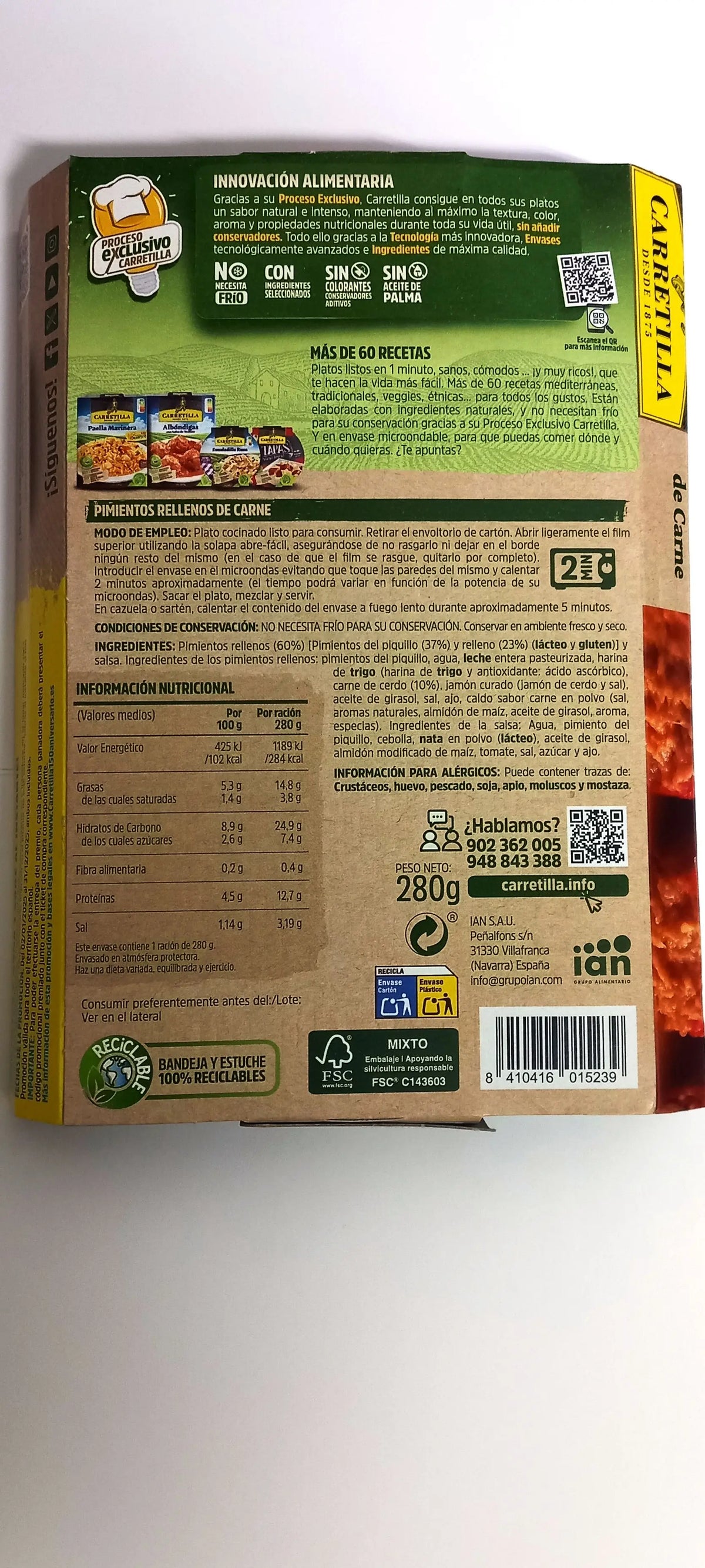 Peperoni Piquillo Ripieni di Carne Forklift - 10 Unità da 280 gr. Piatto pronto in 2 minuti, realizzato con ingredienti selezionati, senza conservanti, coloranti, olio di palma o additivi.