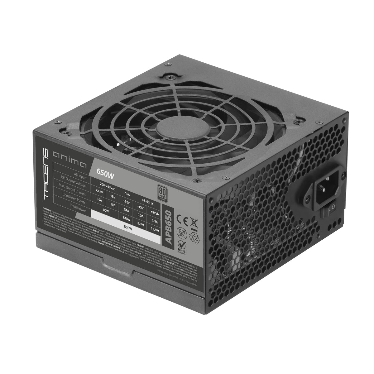 Tacens Anima APB650, Alimentatore per PC ATX 650W, Certificazione bronzo 80Plus, Efficienza 85%, Tecnologie SMD e DC-DC, Ventola ultra silenziosa da 12 cm, Cavi piatti extra lunghi, Sorgente PC nera da 650 W