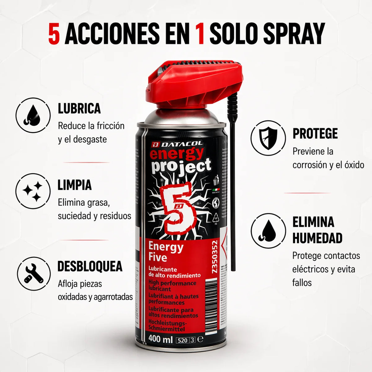 Datacol Lubrificante Spray Multiuso 5-in-1, ad Alte Prestazioni e Lunga Durata, Sciogli-grippa Universale, Rimuove la Ruggine e Protegge dalla Corrosione, 400 ml