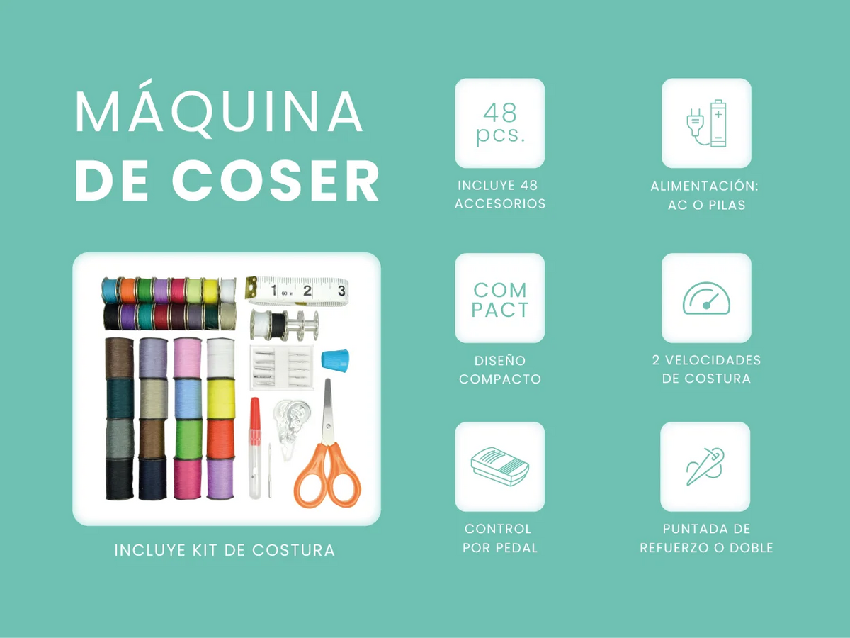 Macchina da cucire portatile Jocca con kit da cucito 48 accessori | Doppia Cucitura | Leggero e Versatile | Ricondizionato