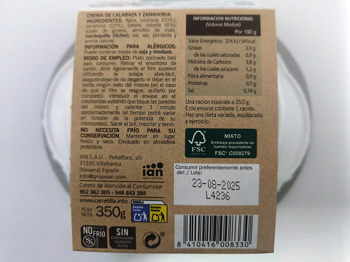 carriola in crema di zucca e carota 7 unità da 350 grammi di piatti pronti in 1 minuto, ingredienti naturali al 100% senza glutine, senza conservanti, senza colori.