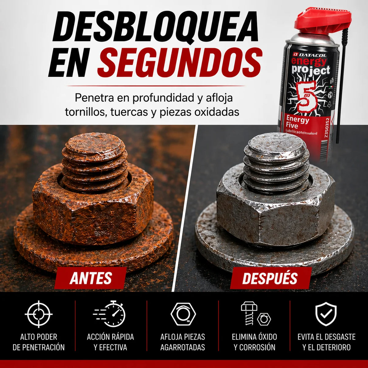 Datacol Lubrificante Spray Multiuso 5-in-1, ad Alte Prestazioni e Lunga Durata, Sciogli-grippa Universale, Rimuove la Ruggine e Protegge dalla Corrosione, 400 ml