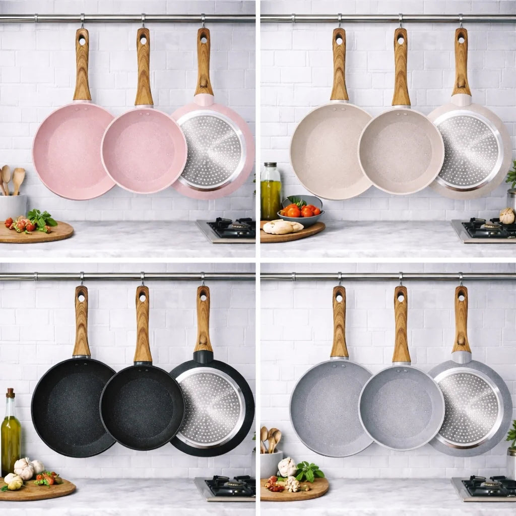 Set di Padelle Antiaderenti in Granito MR Kitchen 3 Pezzi 20-24-28 cm | Induzione | Manico Morbido al Tatto | Senza PFOA