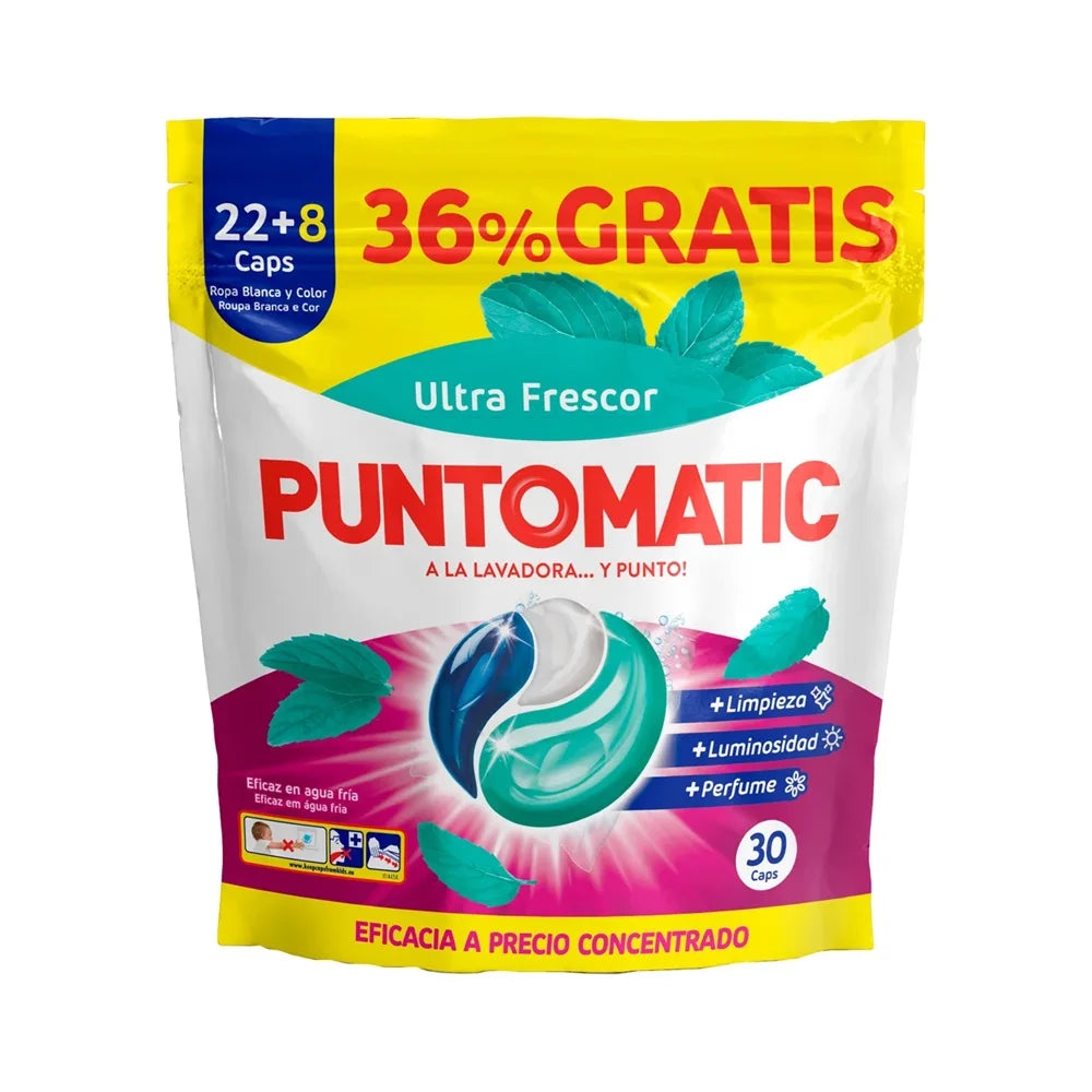 PUNTOMATIC 22+8 Ultra Freshness Capsule Tricamara, Confezione Risparmio 4x30 Totale 120 Lavaggi, Detersivo per Lavatrice, Per Biancheria e Colori, Smacchiatore