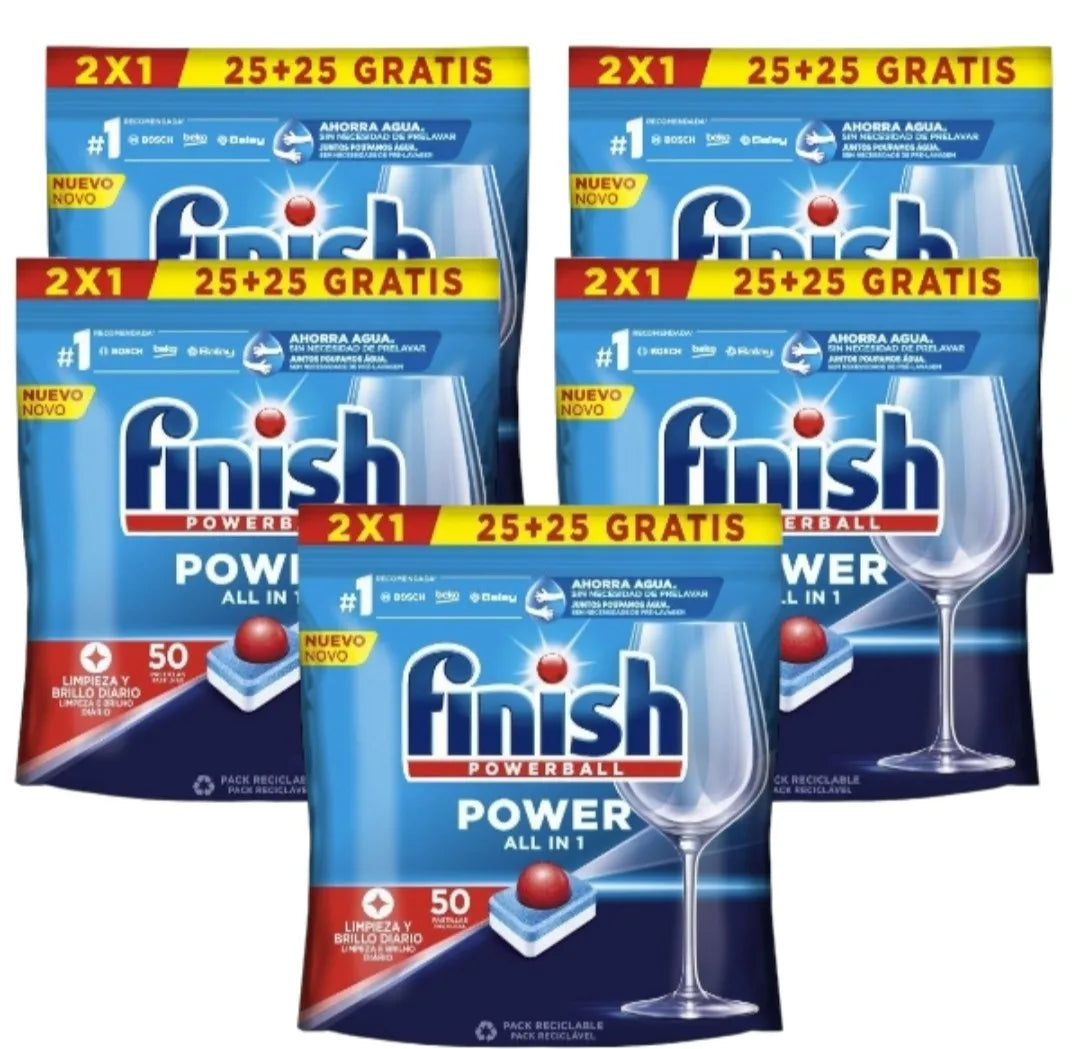 Finish Power All in 1 - Confezione da 5 confezioni da 25+25 (250) compresse o confezione da 2 confezioni da 25+25 (100) compresse per lavastoviglie senza fosfato, con Powerball per rimuovere le macchie di grasso più difficil