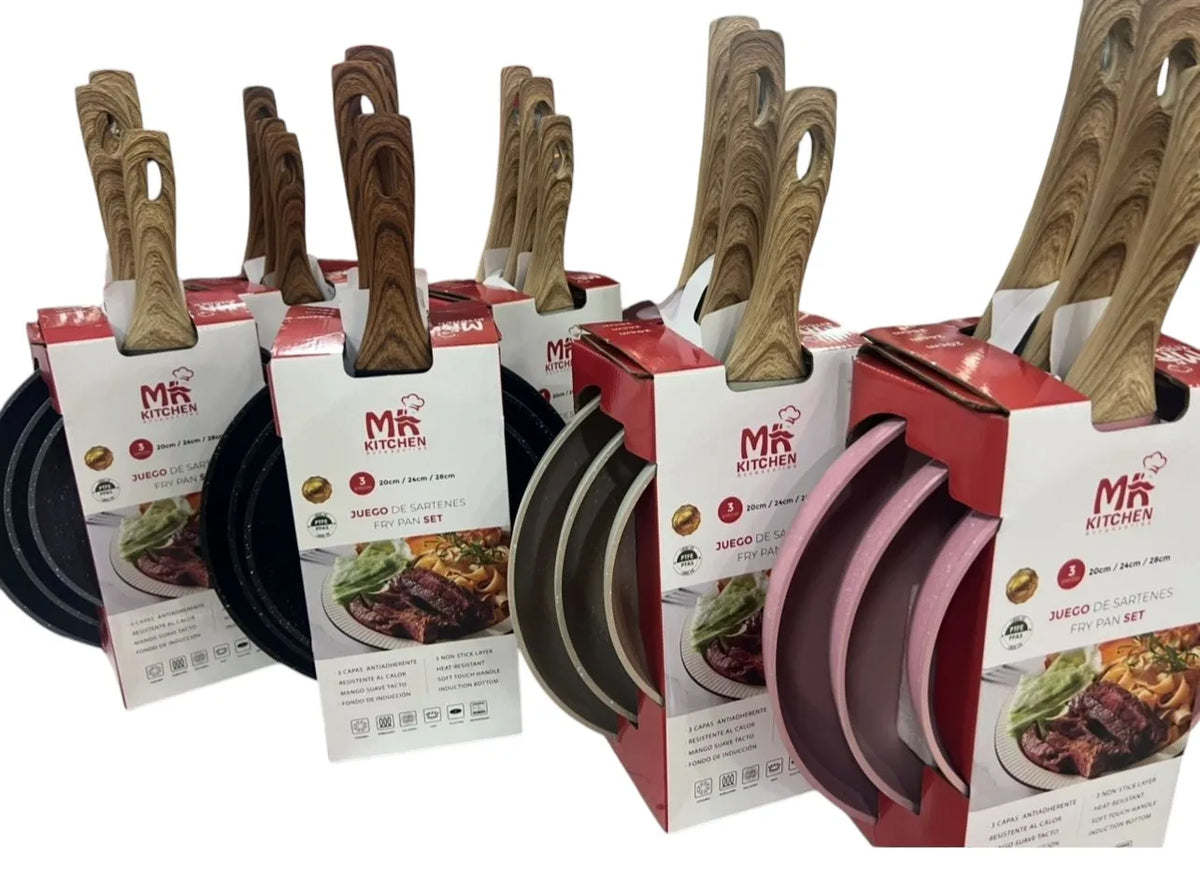 Set di Padelle Antiaderenti in Granito MR Kitchen 3 Pezzi 20-24-28 cm | Induzione | Manico Morbido al Tatto | Senza PFOA