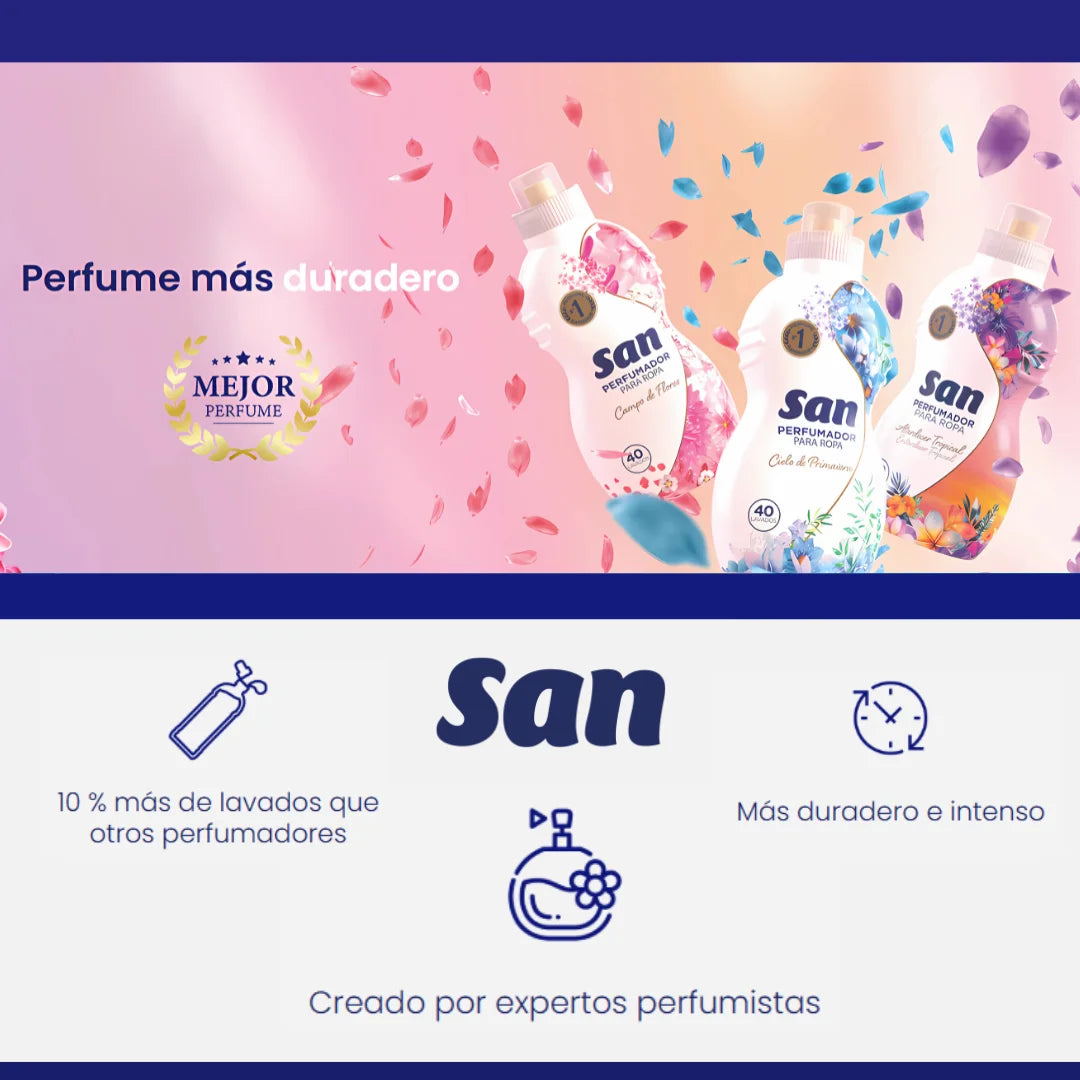 SAN Flower Field Detergente Profumato per Lavatrice, 40 Lavaggi, 800ml, Confezione da 4, Liquido Concentrato per Indumenti, Fragranza Morbida ed Elegante a Lunga Durata, Profumo Floreale con Talco