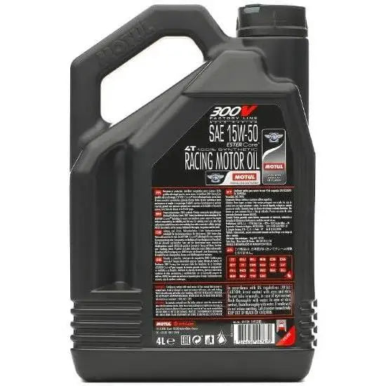 MOTUL 300V 4T Road Racing 15W-50
Olio lubrificante per motori da competizione 4T sviluppato per prototipi e motociclette di serie ad alte prestazioni.
Contenitore da 4 litri