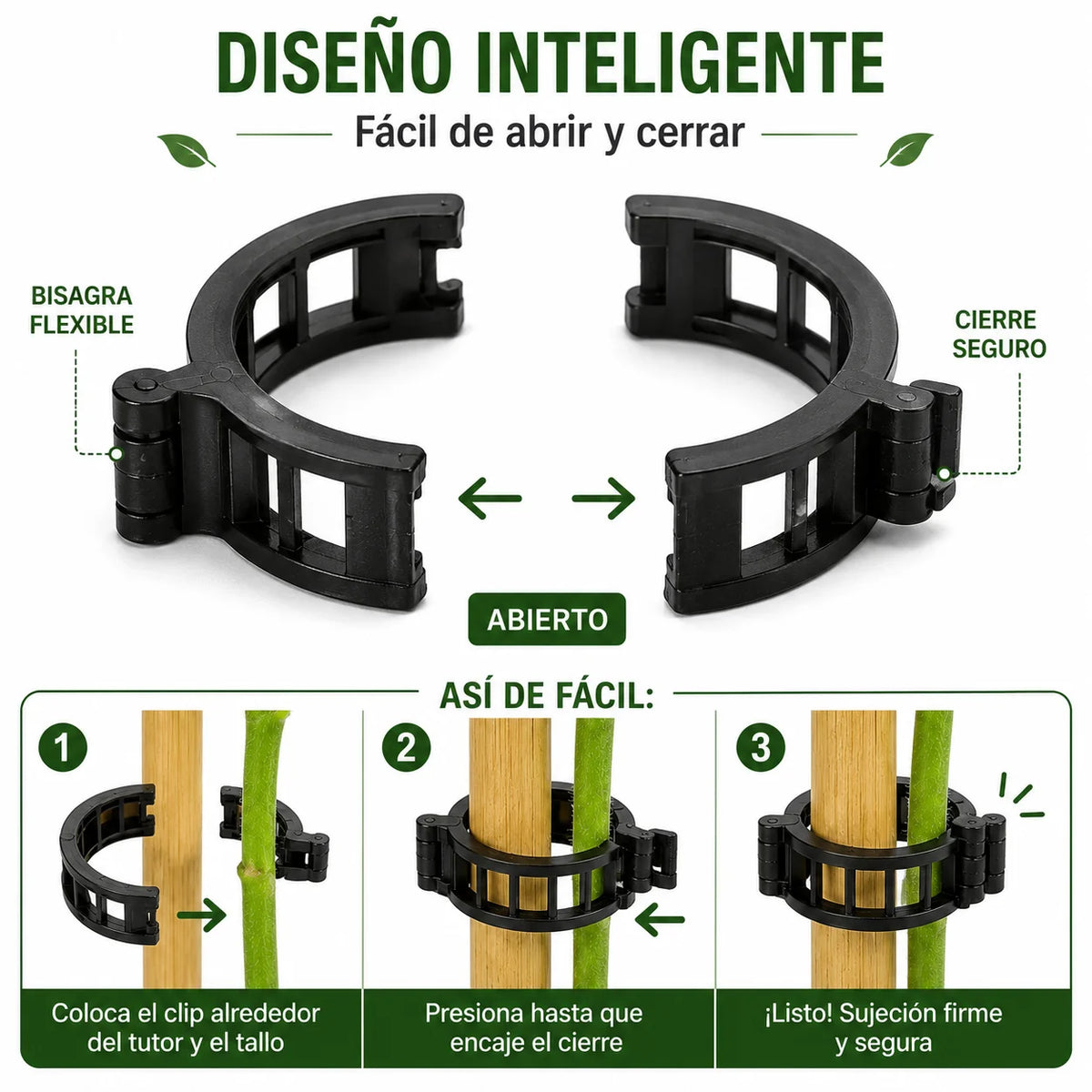 Clip per piante ZAIROM per fissare le piante ai pali senza corde o nodi, design ergonomico e apertura facile per colture rampicanti come viti e fagioli, nero