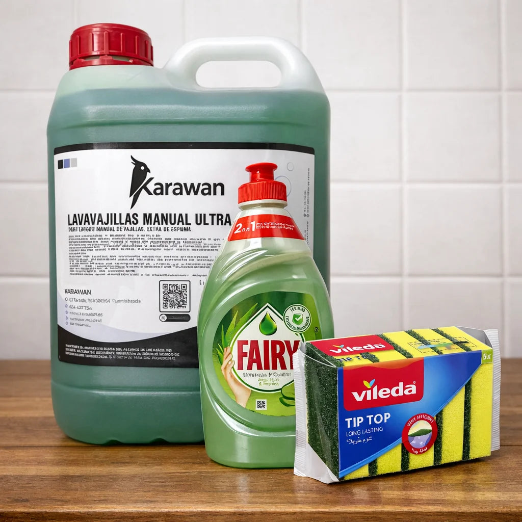 Kit Pulizia Lavastoviglie - Detergente Concentrato Ultra Karawan 5L + Fairy 340ml + Spugne Videla x5 Unità