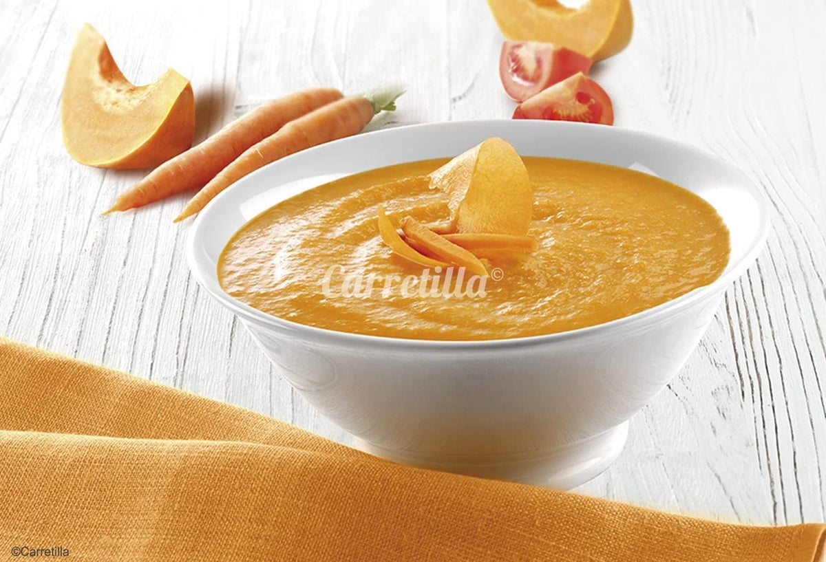 carriola in crema di zucca e carota 7 unità da 350 grammi di piatti pronti in 1 minuto, ingredienti naturali al 100% senza glutine, senza conservanti, senza colori.