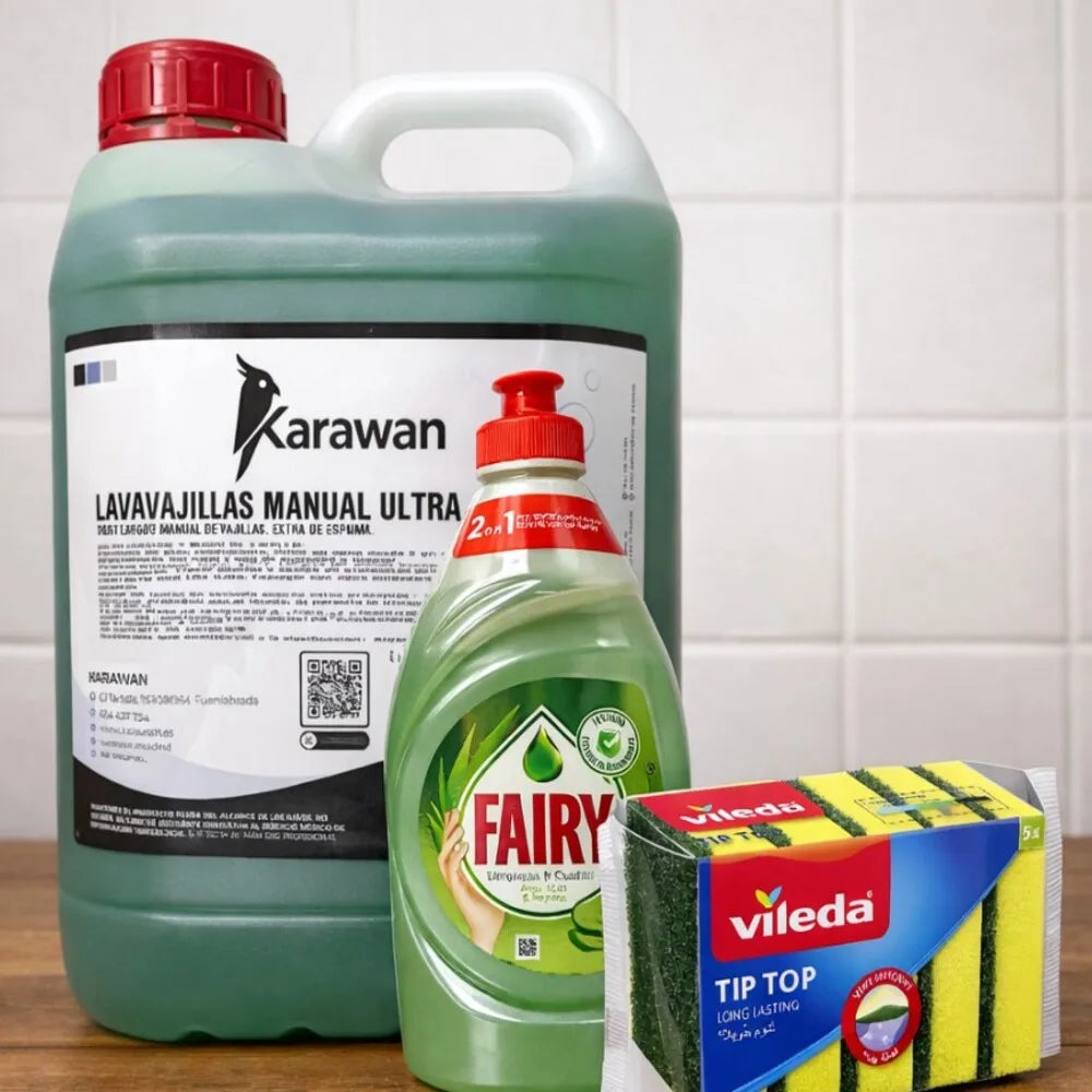 Kit Pulizia Lavastoviglie - Detergente Concentrato Ultra Karawan 5L + Fairy 340ml + Spugne Videla x5 Unità
