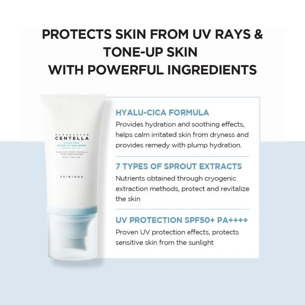 SKIN1004 Madagascar Centella Hyalu‑Cica Water‑Fit Sun Serum Set 2x50 ml | Crema solare coreana SPF50+ in formato siero, idratante e lenitiva per pelli sensibili senza residui untuosi