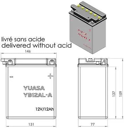 Batteria per moto YUASA YB12AL-A
12V 12.6Ah 150A (EN)
Gamma YuMicron ®
Misure:
Lunghezza 136 mm
Larghezza 82 mm
Altezza 162 mm