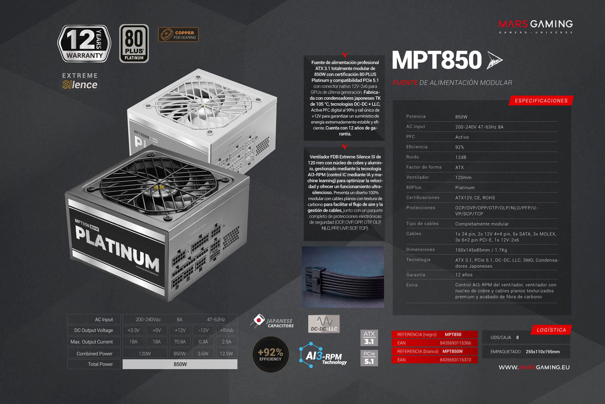 Mars Gaming MPT850 Alimentatore Full Modular 850W 80Plus Platinum, Garanzia di 12 Anni, Compatibile con ATX 3.1 e PCIe 5.1, Efficienza del 92%, DC-DC LLC SMD, Condensatori Giapponesi Toshin Kyogo 105°C, Alimentatore per PC N