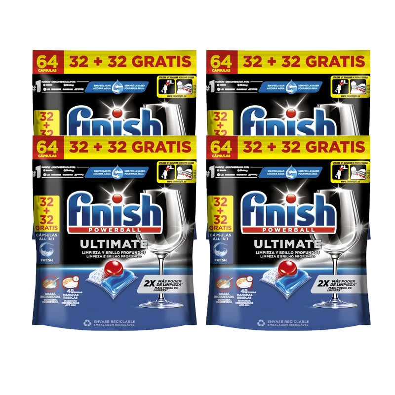 Finish Powerball Ultimate All-in-1, 64 pastiglie, efficaci su macchie asciutte e incrostate, confezione da 1 (64), 2 (128), 3 (192), 4 (256) o 5 (320)