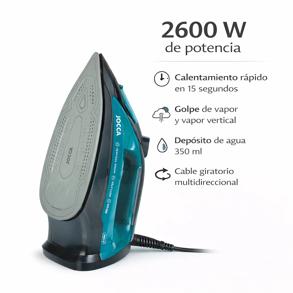 Ferro da stiro a vapore Jocca 2600W con piastra in ceramica, potente getto di vapore e sistema anticalcare per una stiratura rapida