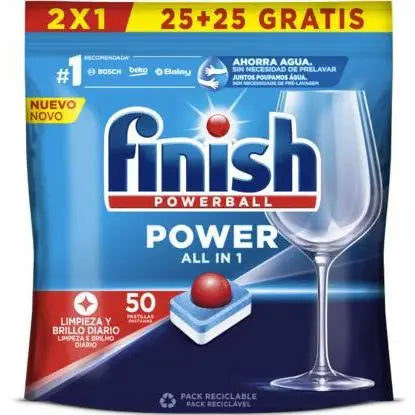 Finish Power All in 1 - Confezione da 5 confezioni da 25+25 (250) compresse o confezione da 2 confezioni da 25+25 (100) compresse per lavastoviglie senza fosfato, con Powerball per rimuovere le macchie di grasso più difficil