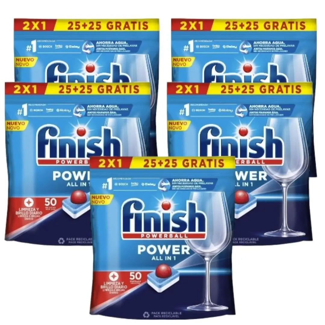 Finish Power All in 1 - Confezione da 5 confezioni da 25+25 (250) compresse o confezione da 2 confezioni da 25+25 (100) compresse per lavastoviglie senza fosfato, con Powerball per rimuovere le macchie di grasso più difficil