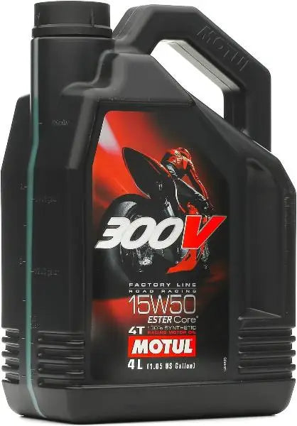 MOTUL 300V 4T Road Racing 15W-50
Olio lubrificante per motori da competizione 4T sviluppato per prototipi e motociclette di serie ad alte prestazioni.
Contenitore da 4 litri