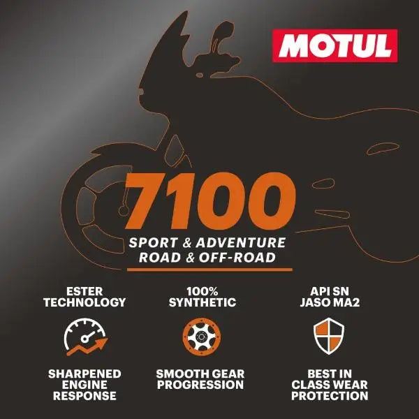 MOTUL 7100 4T 15W-50
Lubrificante ad Alte Prestazioni per Motociclette
Sport e Avventura
100% Sintetico - Esteri
Contenitore da 1 litro.