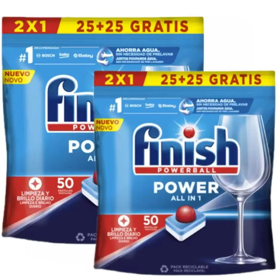 Finish Power All in 1 - Confezione da 5 confezioni da 25+25 (250) compresse o confezione da 2 confezioni da 25+25 (100) compresse per lavastoviglie senza fosfato, con Powerball per rimuovere le macchie di grasso più difficil