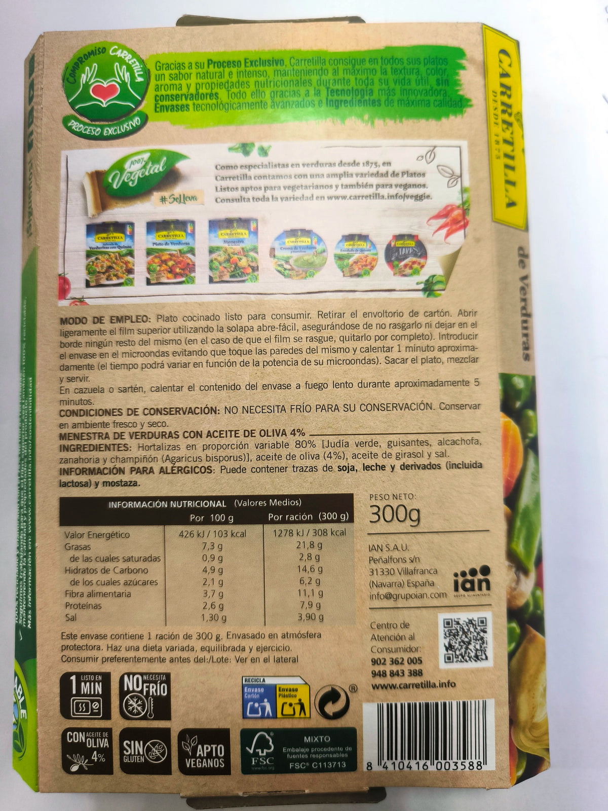 Mandrino per verdure principale 10 unità da 300 g Piatti pronti in 1 minuto, ingredienti vegetali naturali al 100%, senza conservanti, senza additivi e senza glutine.