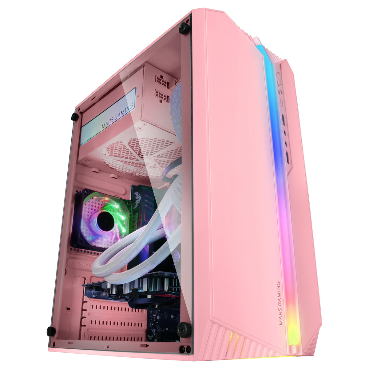 Mars Gaming MC-S1, custodia compatta per PC da gioco Micro-ATX, 12 modalità ARGB anteriore, finestrino laterale, supporto raffreddamento liquido, ventola FRGB, scatola ARGB nera, bianca o rosa