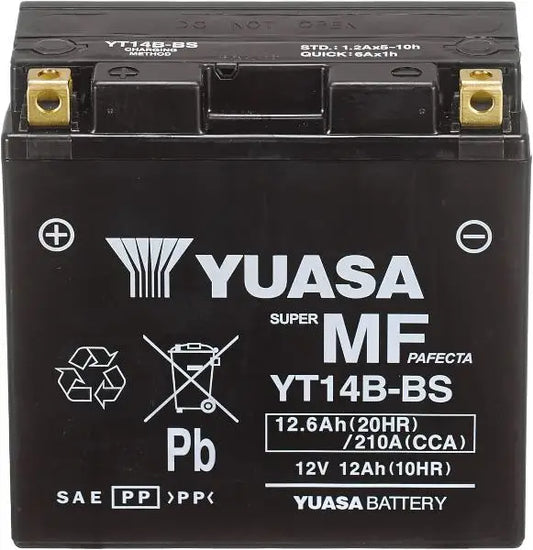 Batteria per moto YUASA YT14B-BS
12V 12.6Ah 210A(EN) - AGM -
Gamma YTX ® e YT ad alte prestazioni e senza manutenzione.
Misure:
Lunghezza 150 mm
Larghezza 70 mm
Altezza 145 mm