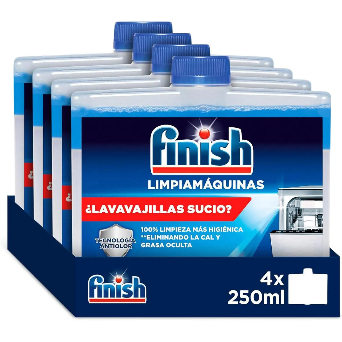 Finish Detergente per Macchine, Detergente per lavastoviglie contro cattivi odori, calcare e grasso dalla lavastoviglie, 4 unità x 250 ml, Totale 1 litro