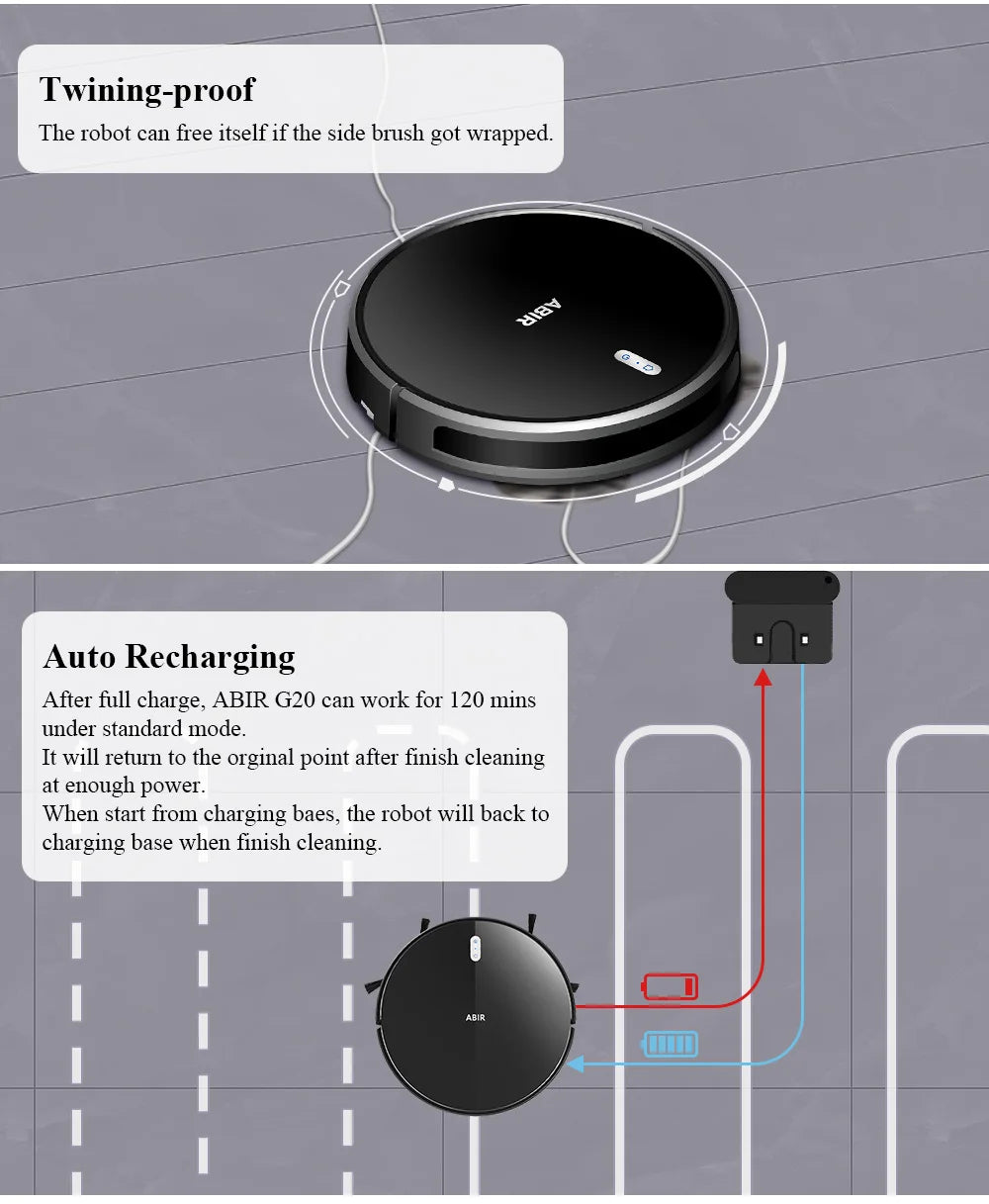 Robot Aspirapolvere ABIR G20S, Navigazione mappa AI,partizione super intelligente,con memoria, app WiFi, forte aspirazione 6000Pa, lavaggio intelligente a umido, disinfezione, funziona con Alexa e Google Assistant