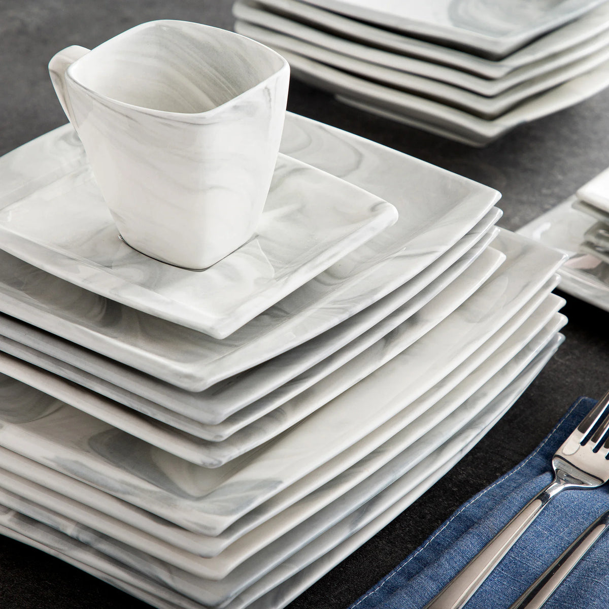 MALACASA 30/60 pz marmo grigio porcellana stoviglie Set di stoviglie con 6 pezzi Dessert/zuppa/piatto cena/tazza/piattino, servizio per 12