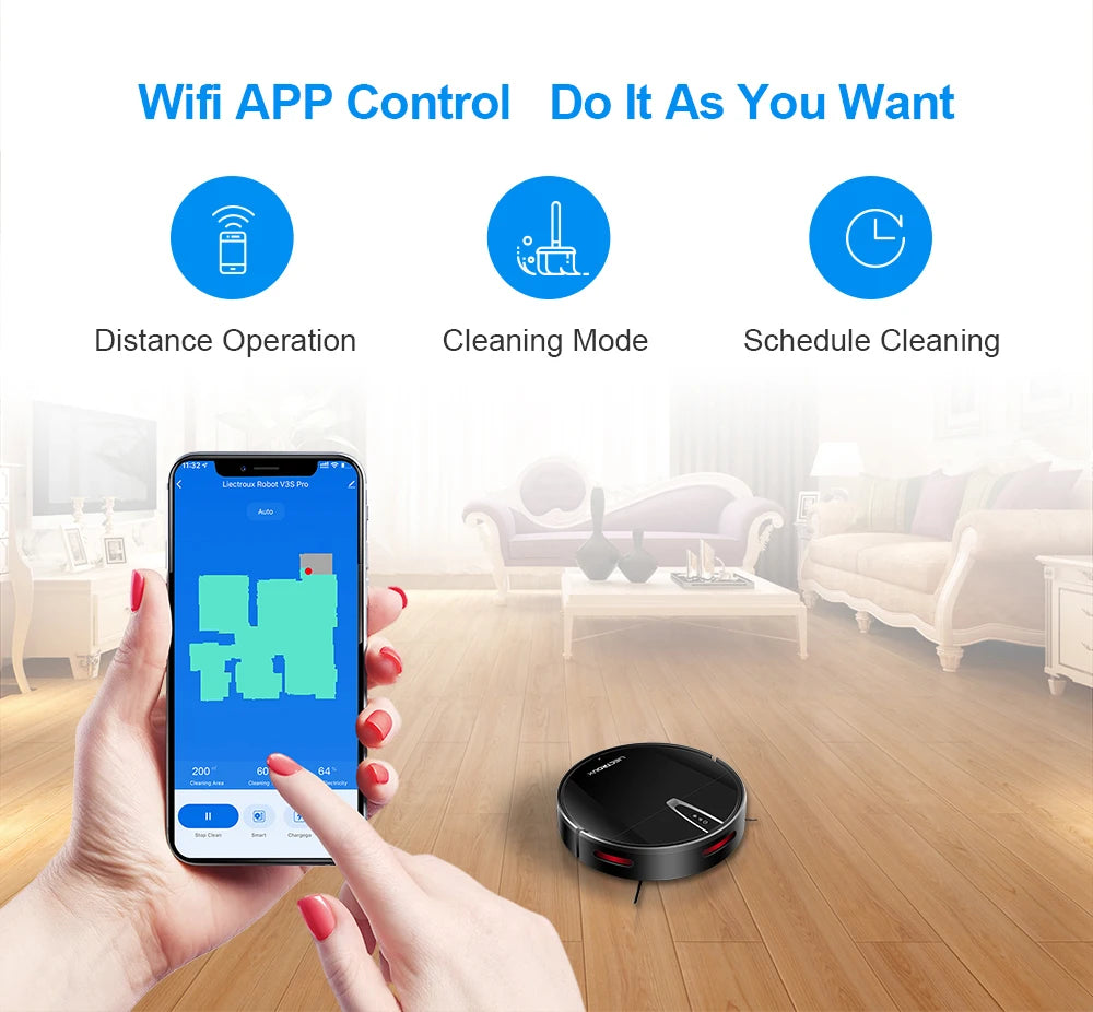 LIECTROUX V3S PRO Robot Aspirapolvere e Lavapavimenti, Mappatura Intelligente, App WiFi, 4KPa, Motore Senza Spazzole, Ideale per Peli di Animali, Tappeti, Pavimenti