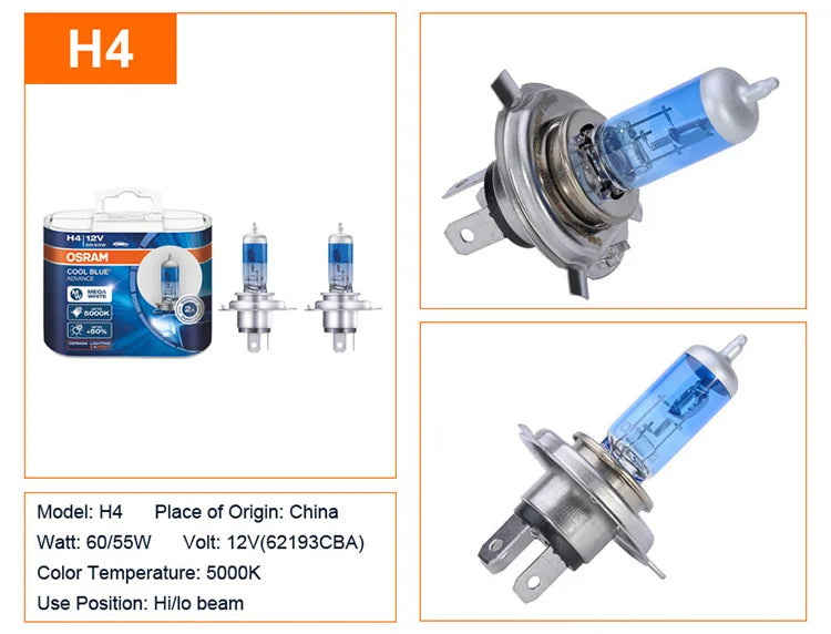 OSRAM Cool Blue Advance H4 H7 H9 H11 12V 5000K Bianco puro H1 H3 HB3 HB4 Xenon Look Auto Lampade alogene Faro originale