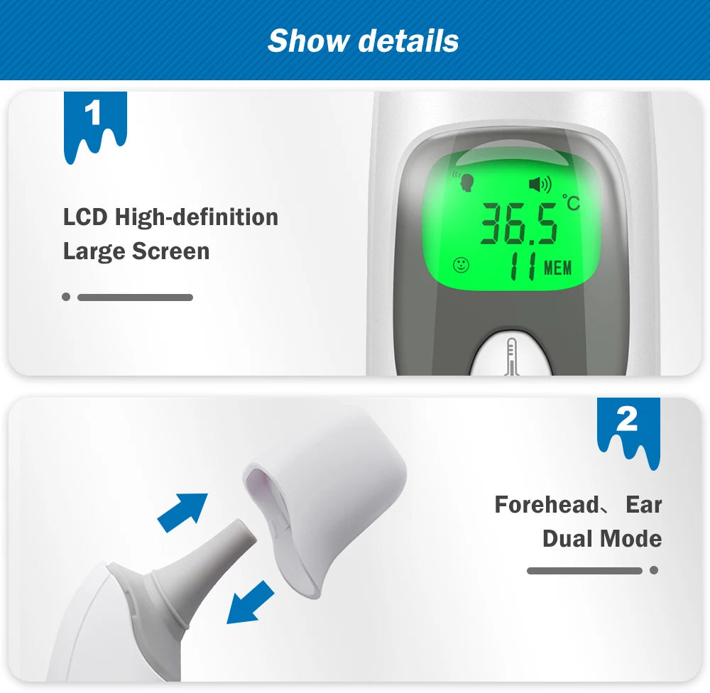 Cofoe Termometro digitale per fronte e orecchie 2 in 1 Termometro medico senza contatto per neonati/adulti ±0,1 ℃ Misura precisa della temperatura