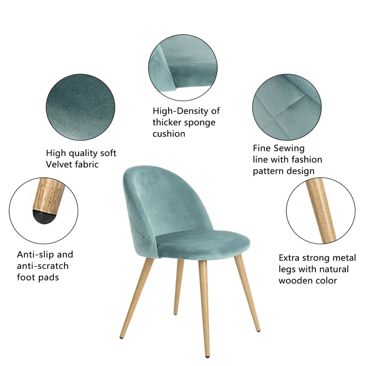 EGOONM Un set di 2 sedie da pranzo con morbidi velluto e piedini in metallo per cucina, sala da pranzo, soggiorno, lounge (rosa/verde/blu)