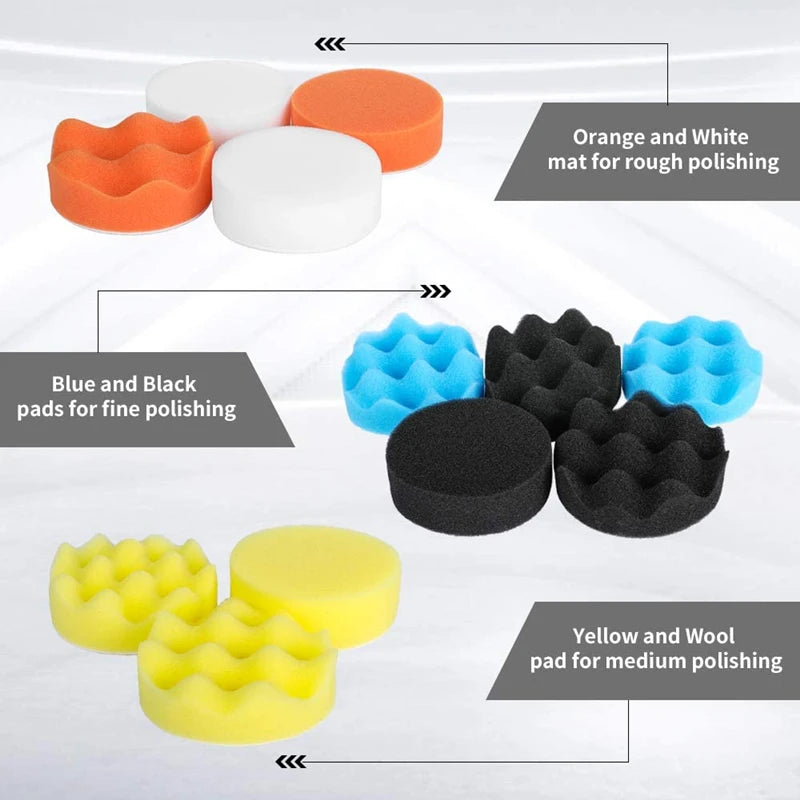 Kit di tamponi in spugna per lucidatura per auto Kit tampone in schiuma Tampone per lucidatrice Tamponi per cera per veicoli a motore per motociclette Rimuove i graffi