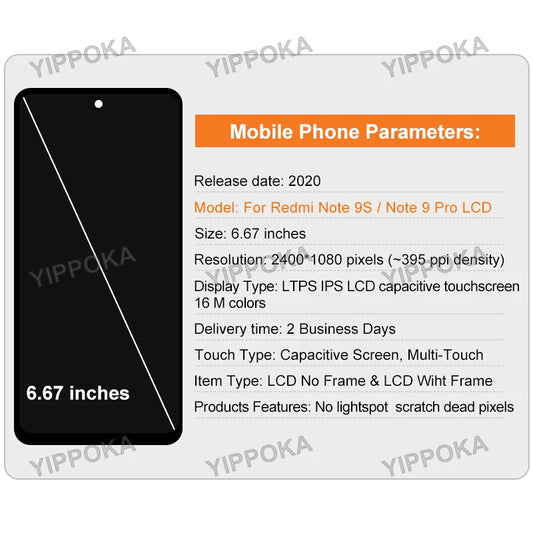 Scelta per Xiaomi Redmi Note 9S Display LCD Touch Screen Digitizer Assembly per Note 9 Pro Parti di ricambio per schermo LCD
