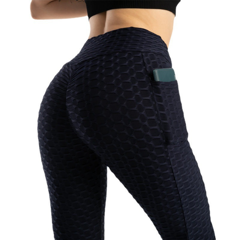 Amazon European and American Leggings Peach Fitness Pants High Waist Hip Leggings Pocket Jacquard Bubble Yoga Pants